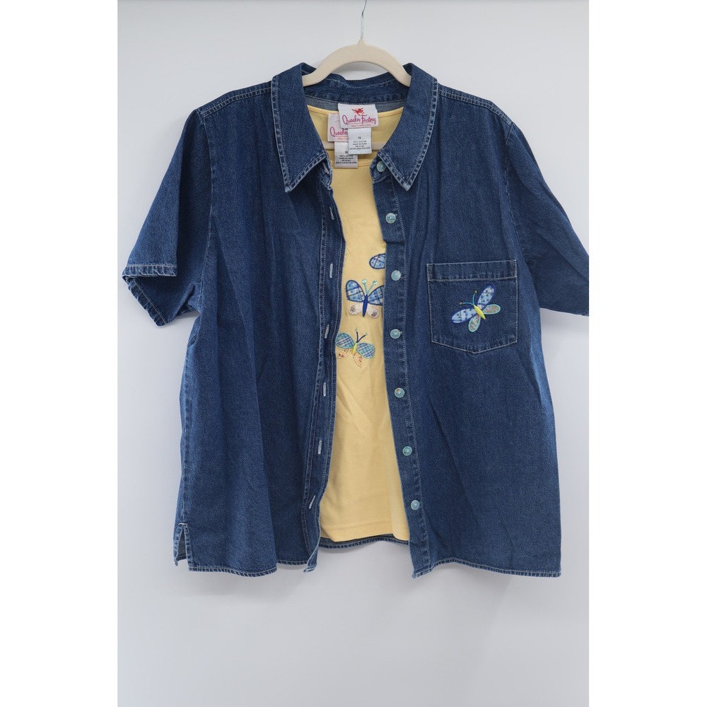 Quacker Factory Plus 1X Butterfly Denim Shirt Tank Set Beaded Gingham
